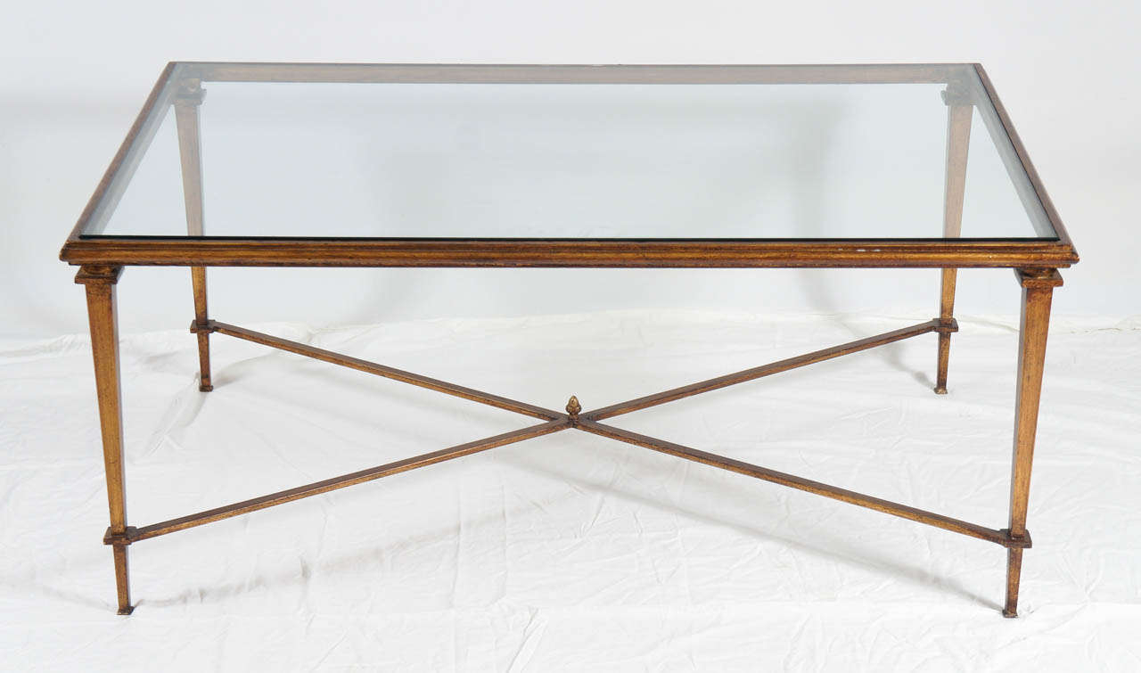 Neoclassical Style Bronze Metal Coffee Table Glass Top
