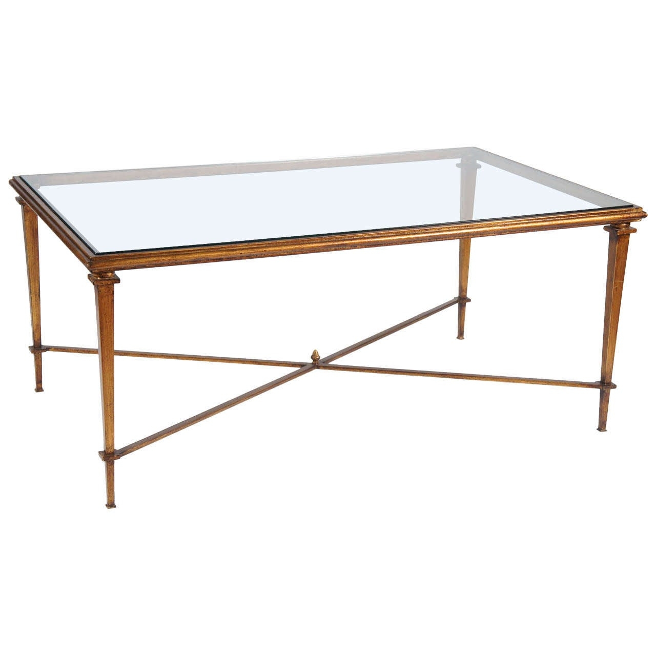 Neoclassical style bronze metal coffee table glass top