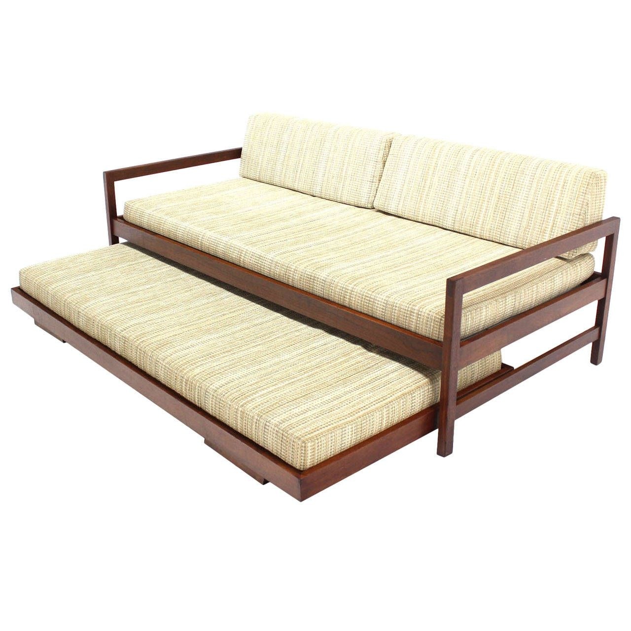 Solid Walnut Frame Mid Century Modern Trundle Pull Out Bed Daybed Sofa