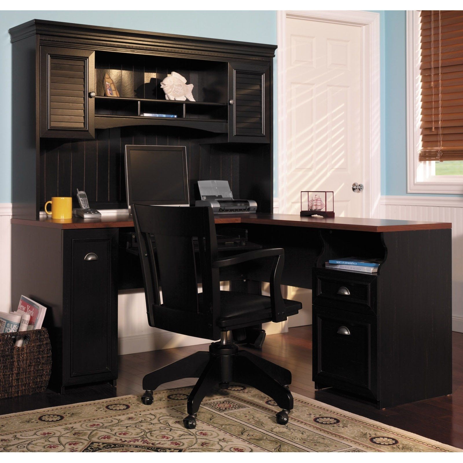 Bush Fairview Collection L Shaped Desk With Hutch Antique Black And Cherry