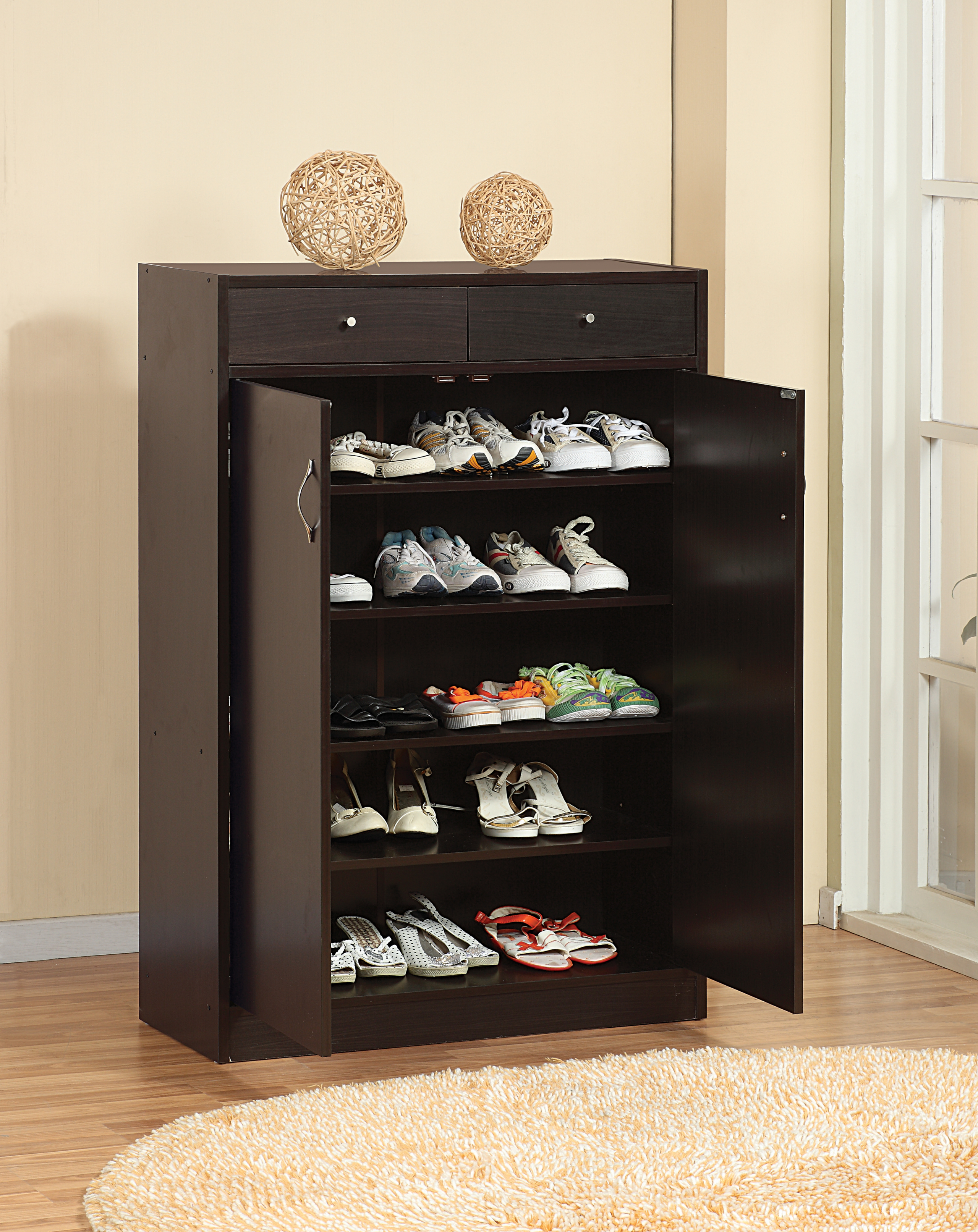 Five Shelf Shoe Cabinet With Two Upper Storage Bins