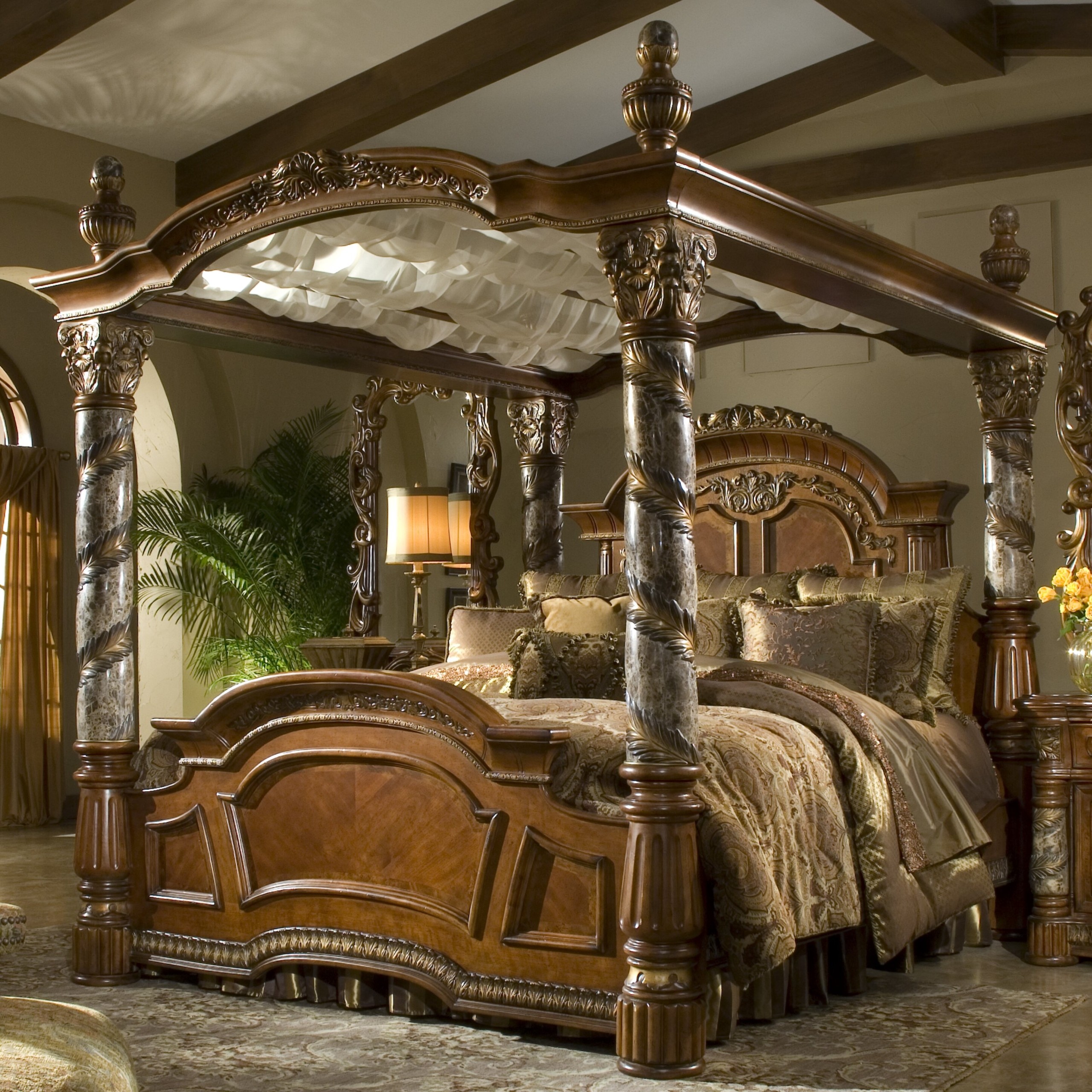 Canopy Bed Frame Four Poster King : Lot Art Wood And Faux Leather King 