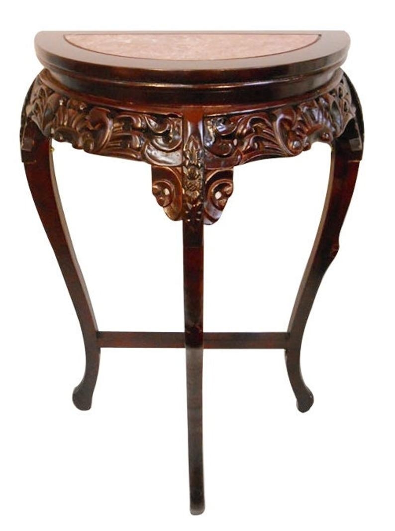Marble Top Half Moon Floral Carved Wooden Hall Table