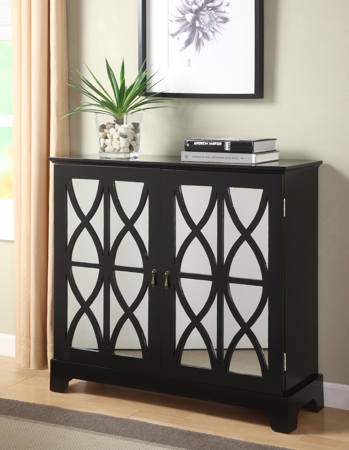 Powell Black Console with Mirrored Glass Doors