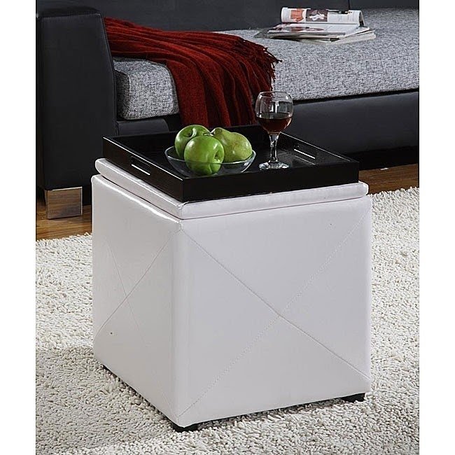 White Synthetic Leather Storage Cube With Wood Serving Tray