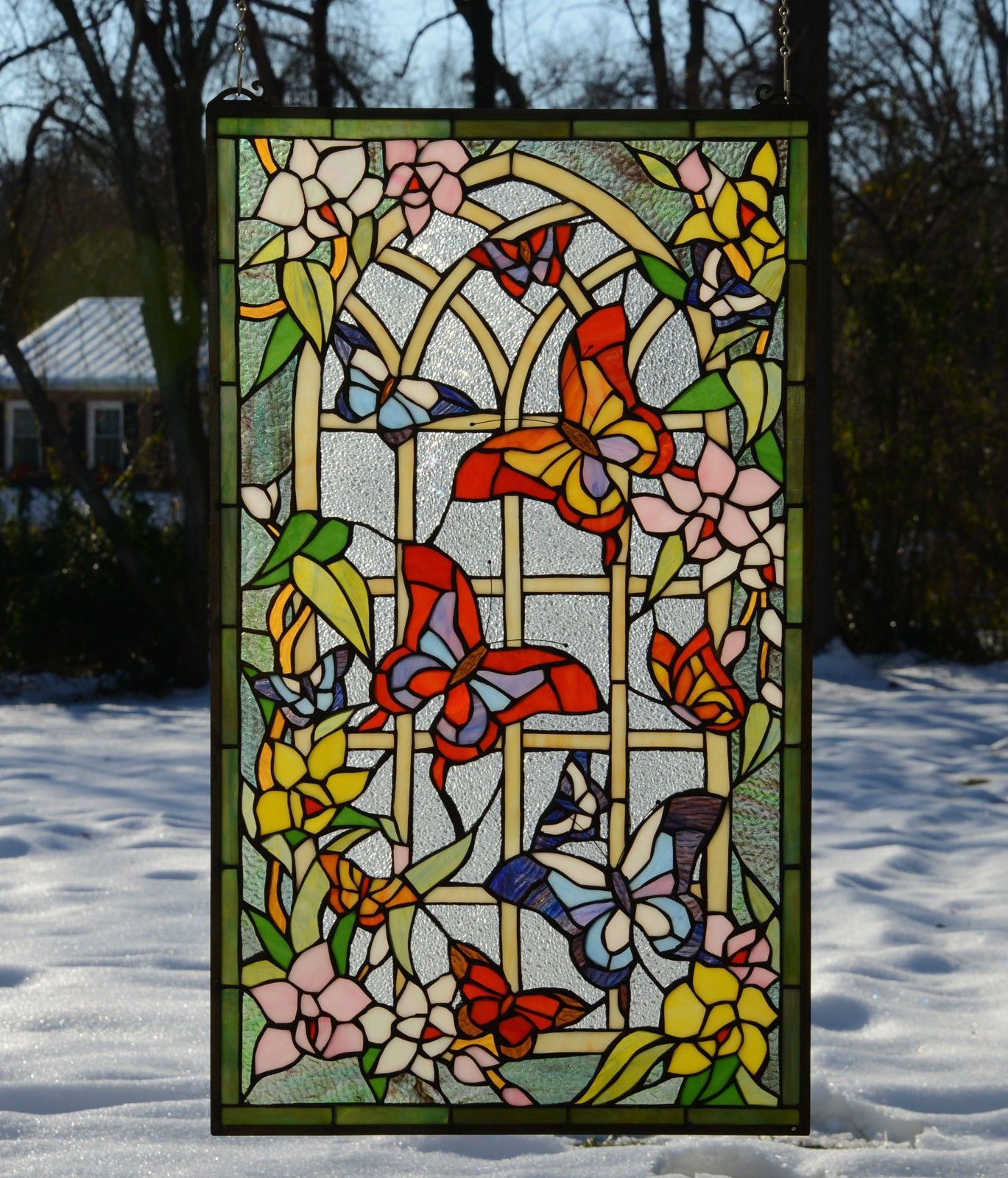 20 X 34 Butterfly Flower Garden Tiffany Style Stained Glass Window Panel