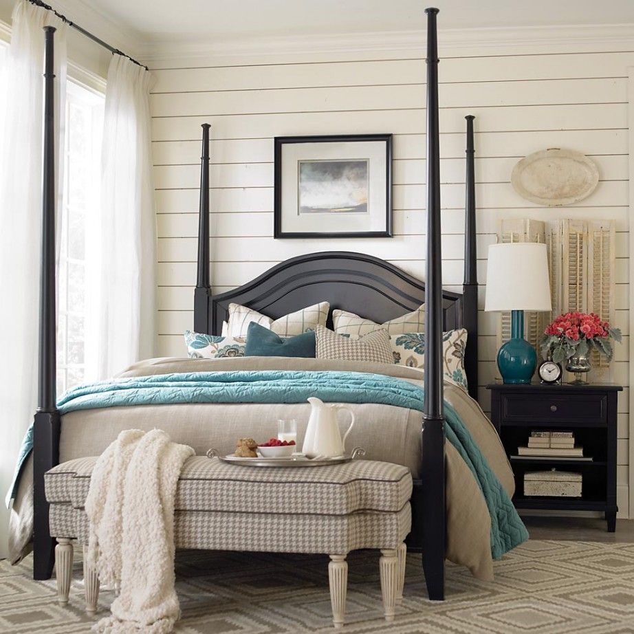 Beige and turquoise bedroom with chatham poster bed in antique