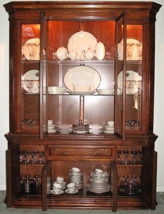 Bernhardt china cabinet with doors open to reveal franciscan huntington