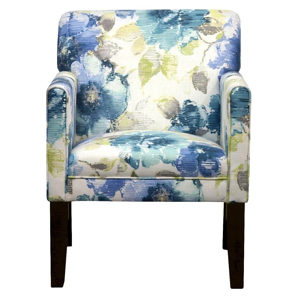 Contemporary Blue Watermark Floral Fabric Upholstery Accent Rolled Arm Chair Soft Premium Dacron Foam Filling Espresso Hardwood Tapered Legs Structure 