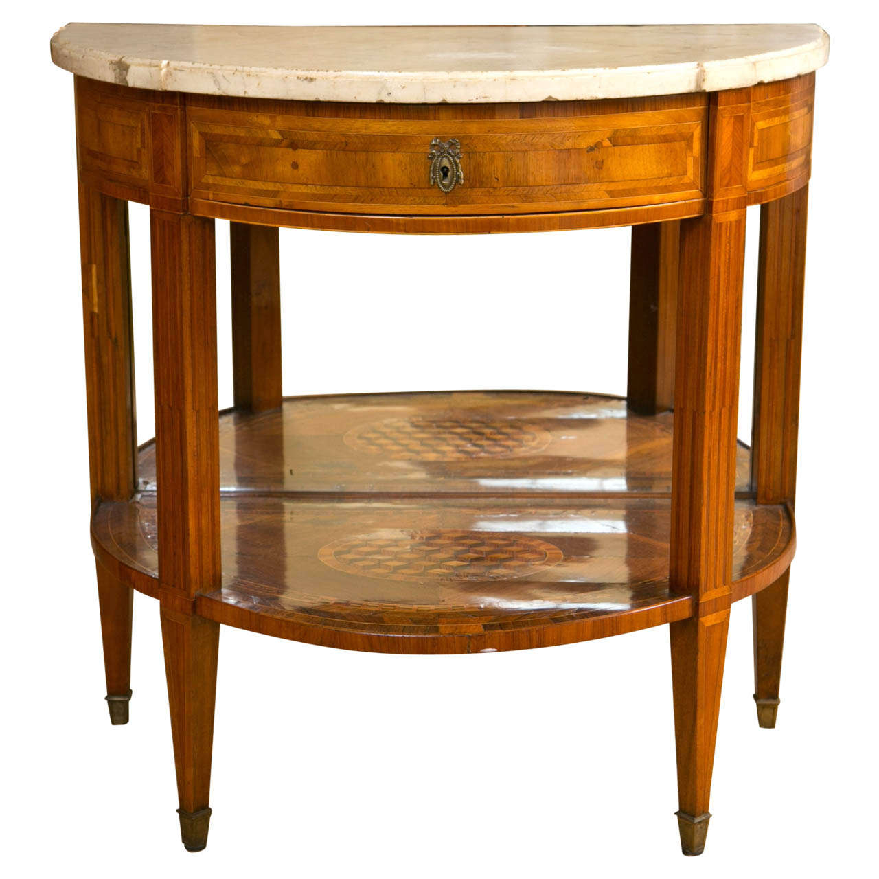 Continental marquetry inlaid demilune marble topped entry table
