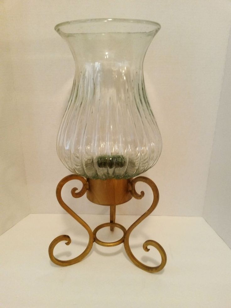 Hurricane Blown Glass Vase Wrought Iron Stand 21 Candle Holder Flower Vase