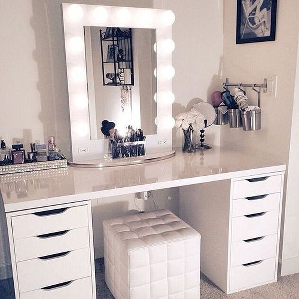 Makeup table with mirror and chair