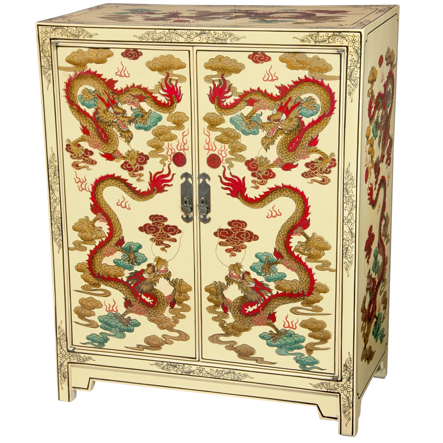 Oriental Furniture Classic Asian Furniture and Decor 30-Inch Ivory Lacquer Dragon Design Shoe Cabinet