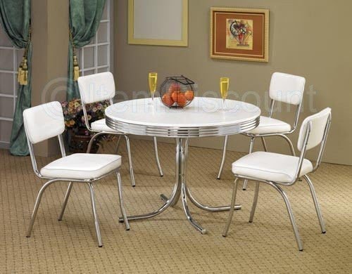 Round Retro White Laminated Polished Top Dining Kitchen Poker Table Chrome Trim