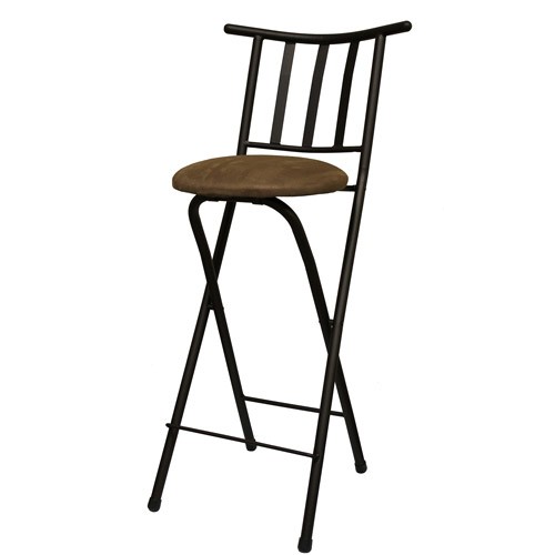 Set of 2 Slat Back Folding 24" Barstool, Folding Chair Stool, Bronze with Beige Microfiber Cushion