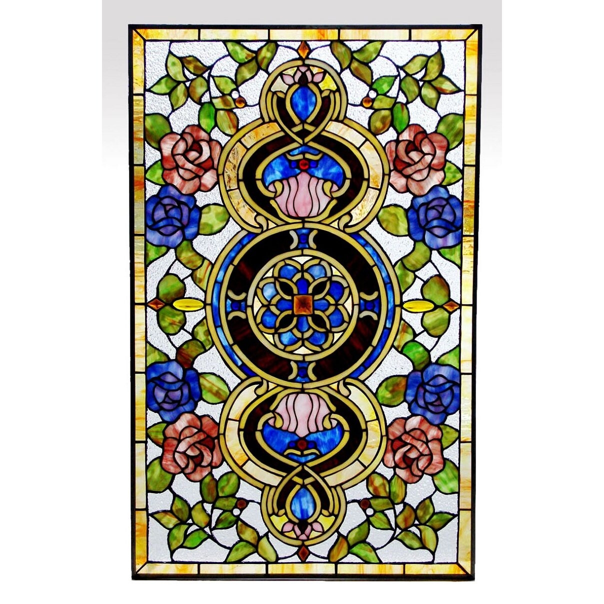 Tiffany Style Stained Glass Window Panel Very Colorful Floral Medallion Design