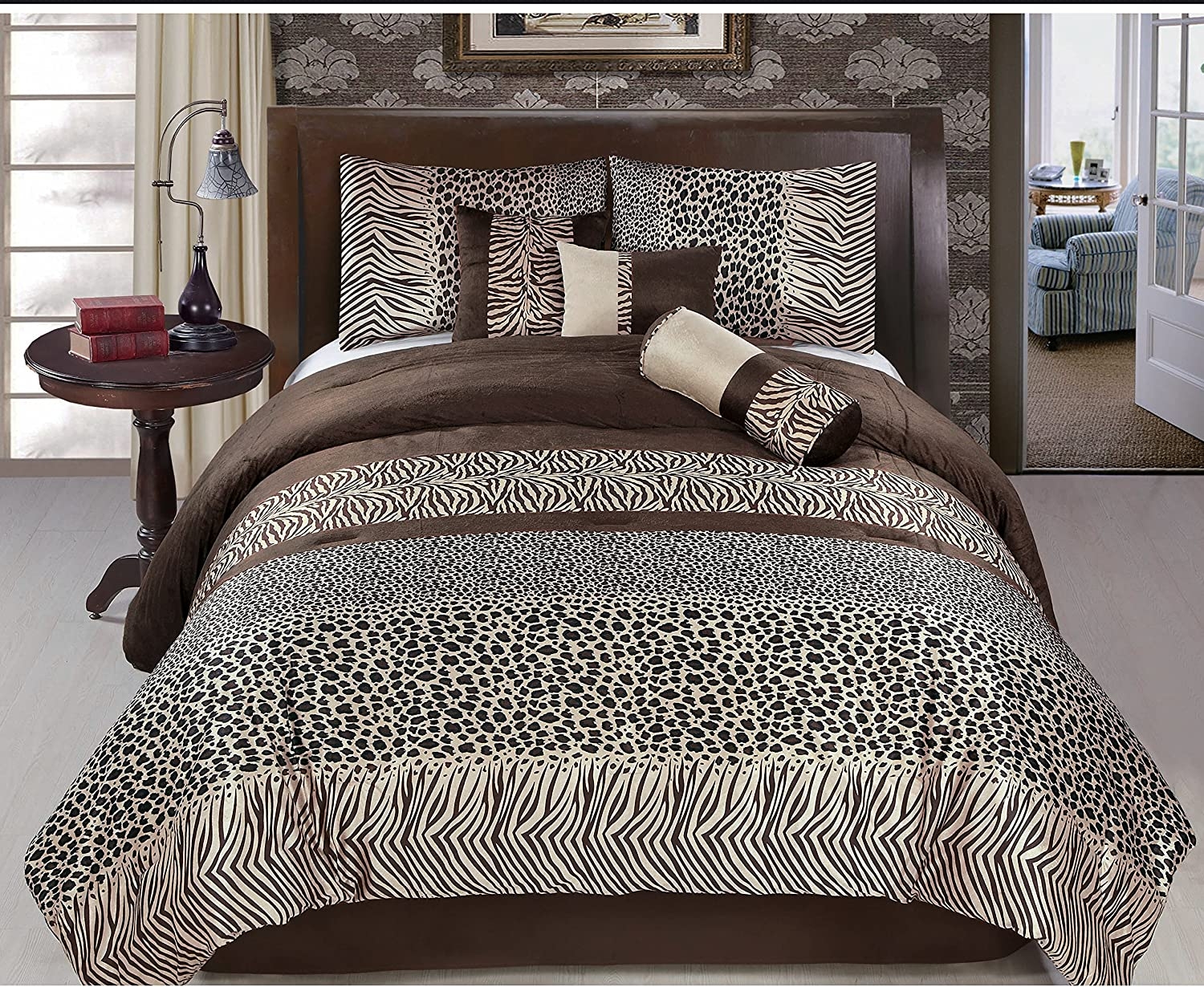 7 pc comforter set brown zebra leopard cheetah micro fur