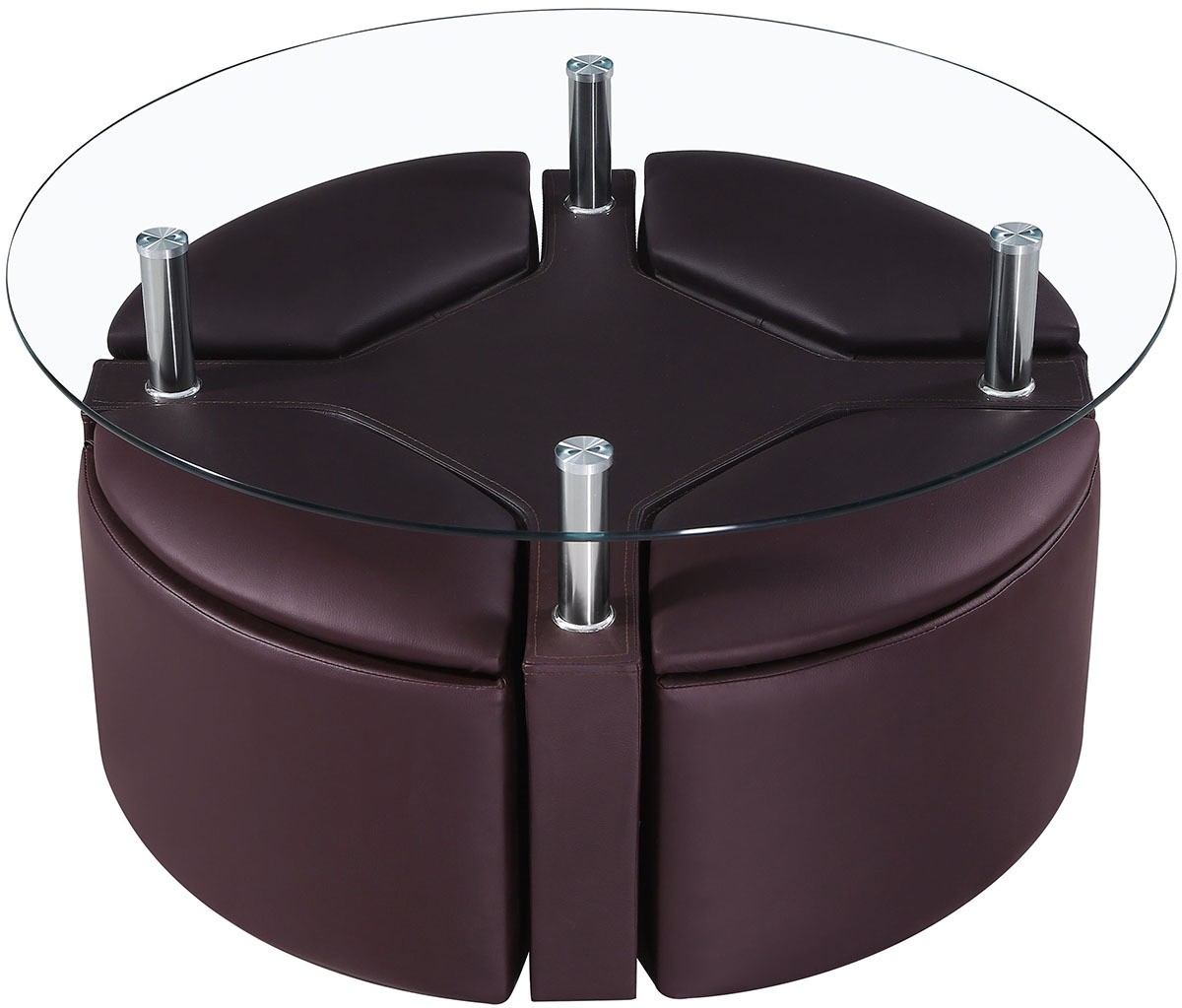 Dakota round chrome clear glass coffee table with 4 ottoman