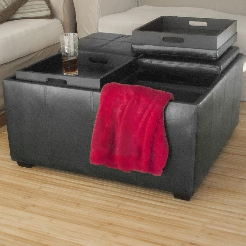 Leather ottoman with 4 tray tops storage bench coffee table