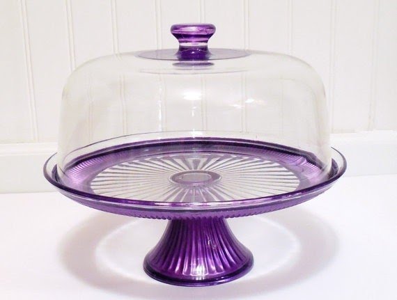 Purple glass cake stand with domehand