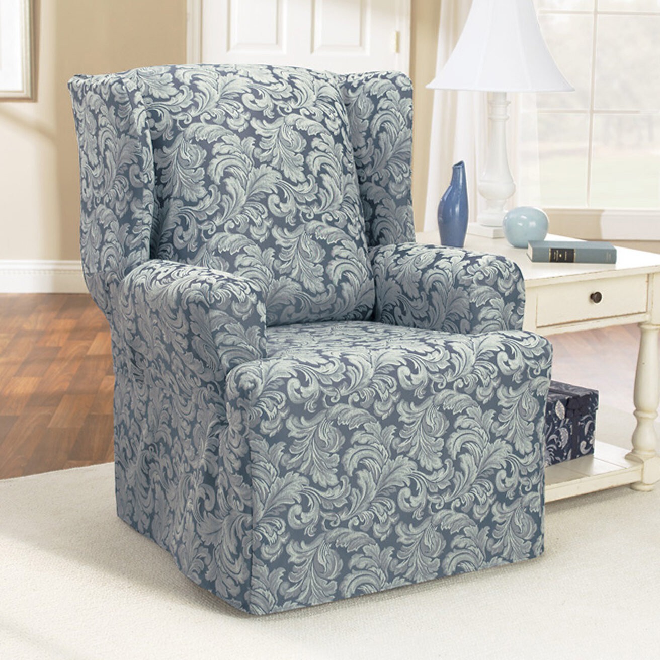 Scroll Classic Wing Chair T Cushion Skirted Slipcover