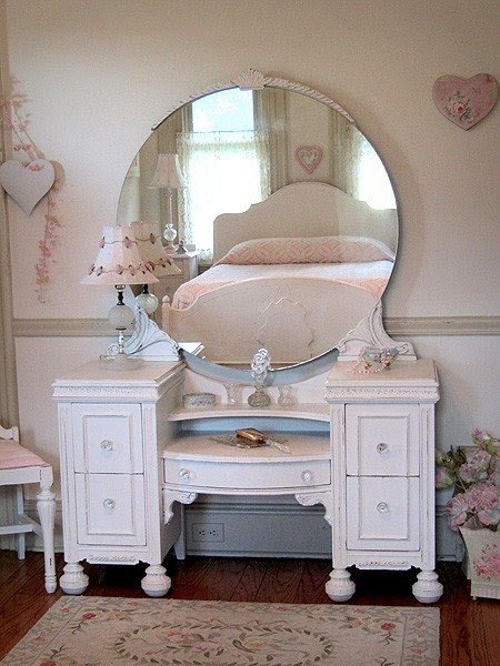 White vanity table with mirror and bench
