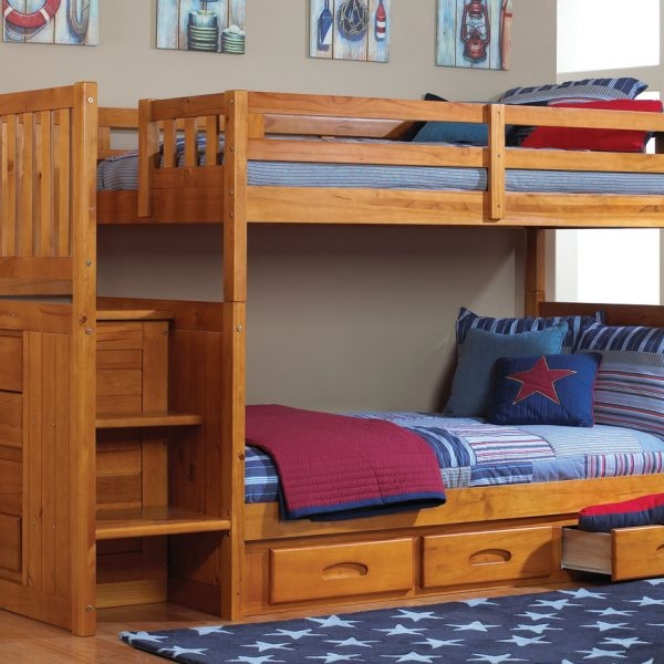 Wooden bunk beds with stairs