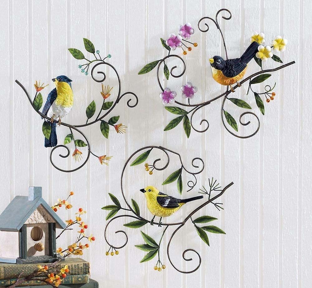 3 Piece Whimsical Spring Bird Floral Branches Metal Hanging Wall Art Kitchen Sun Room Patio Home Accent Decor Set