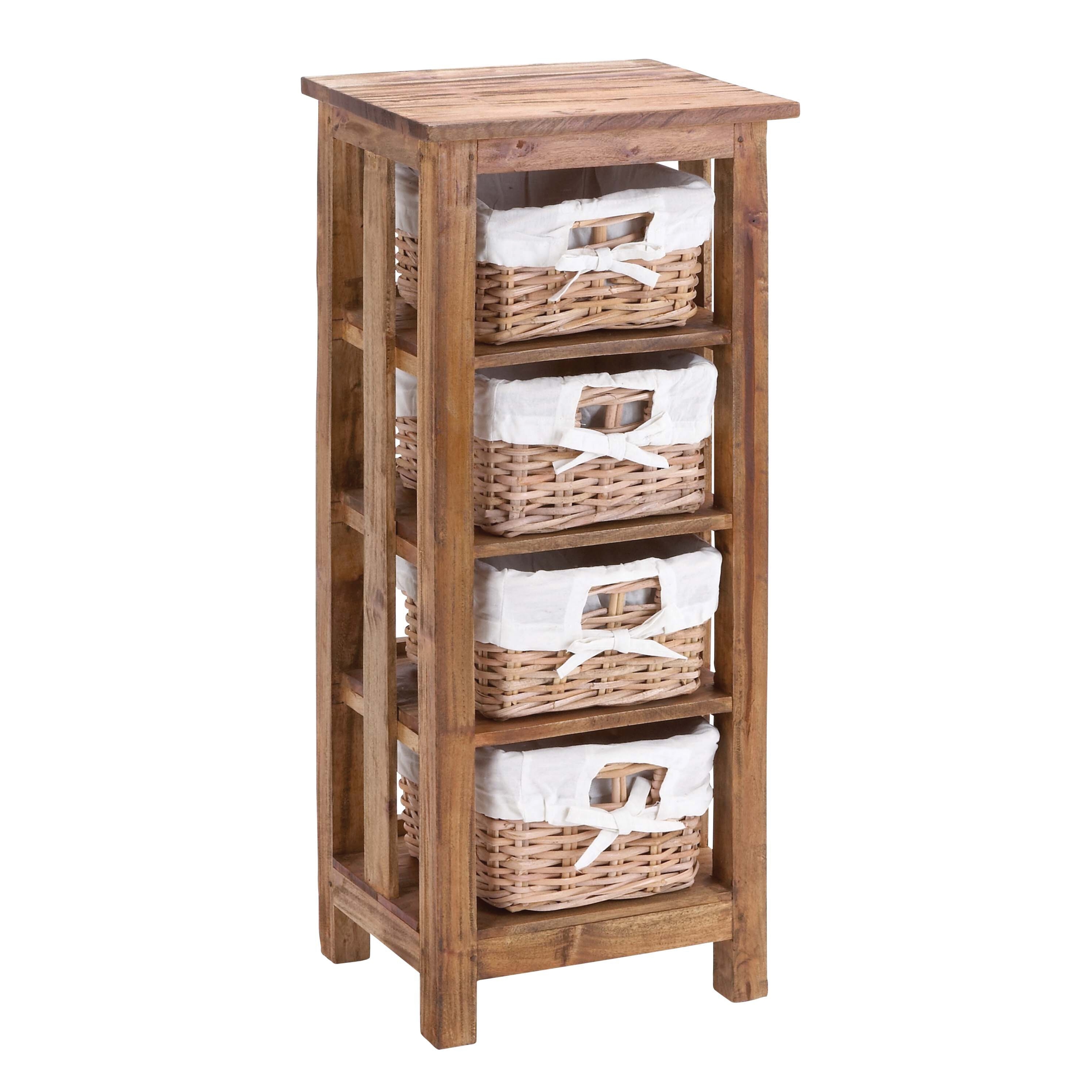 Benzara Mahogany Wooden Rattan Basket with 3 Shelves and Storage