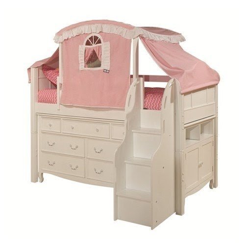Bolton Furniture 9881500LTS8320PWMSB Emma Low Loft Storage Bed with Stairs, Pink/White Top Tent, 7 Drawer Dresser and Electronics Storage Cabinet, White