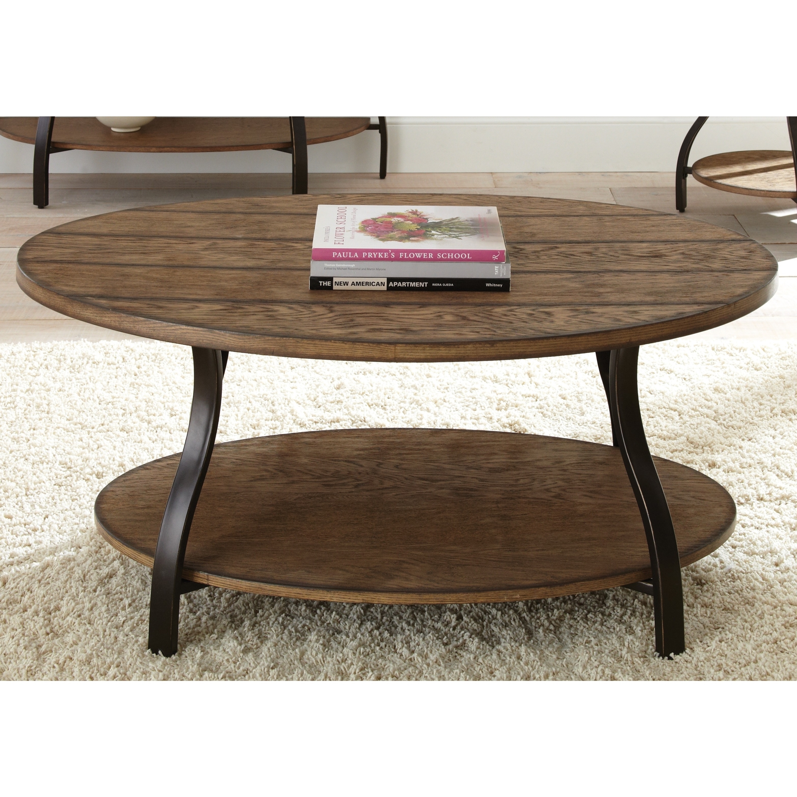 small oval coffee table with shelf