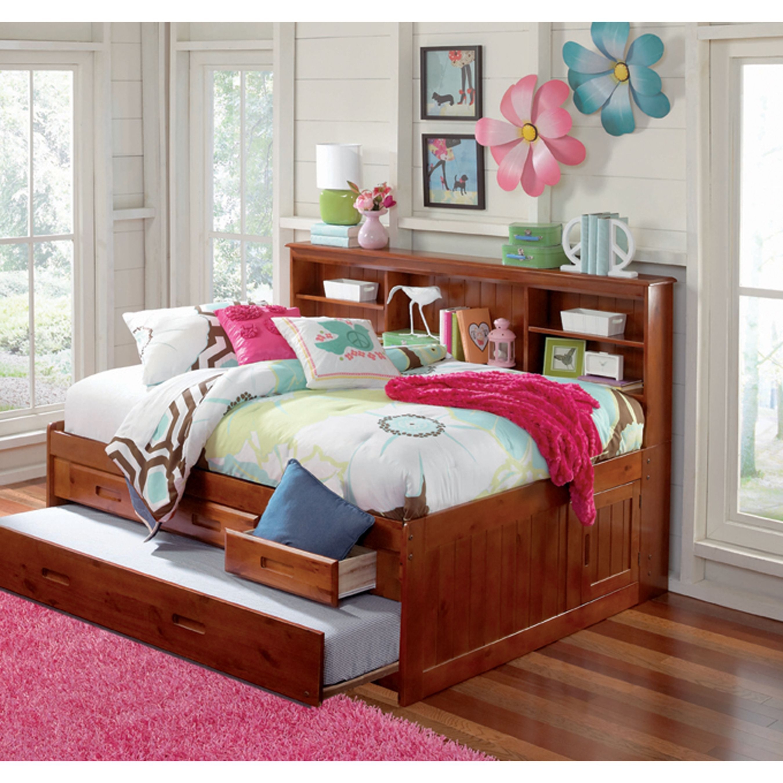 Full bookcase daybed with 3 drawer elevation storage trundle in