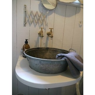 White Bathroom With Vessel Sinks And Wood Table As Vanity Like The