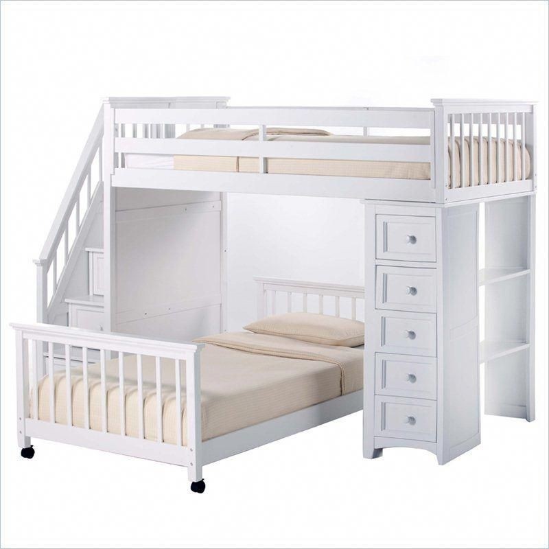 NE Kids School House Stair Loft Bed with Chest End in White