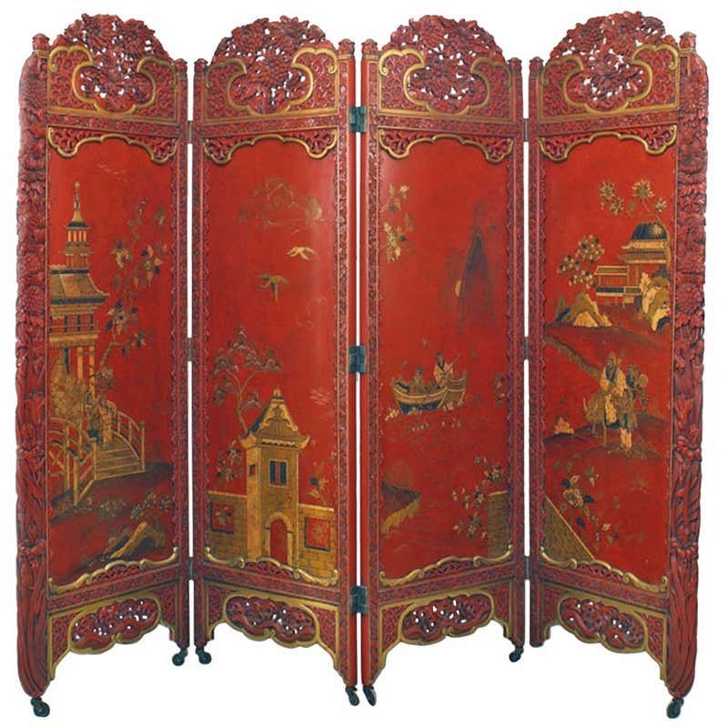 Red gold lacquered chinoiserie screen