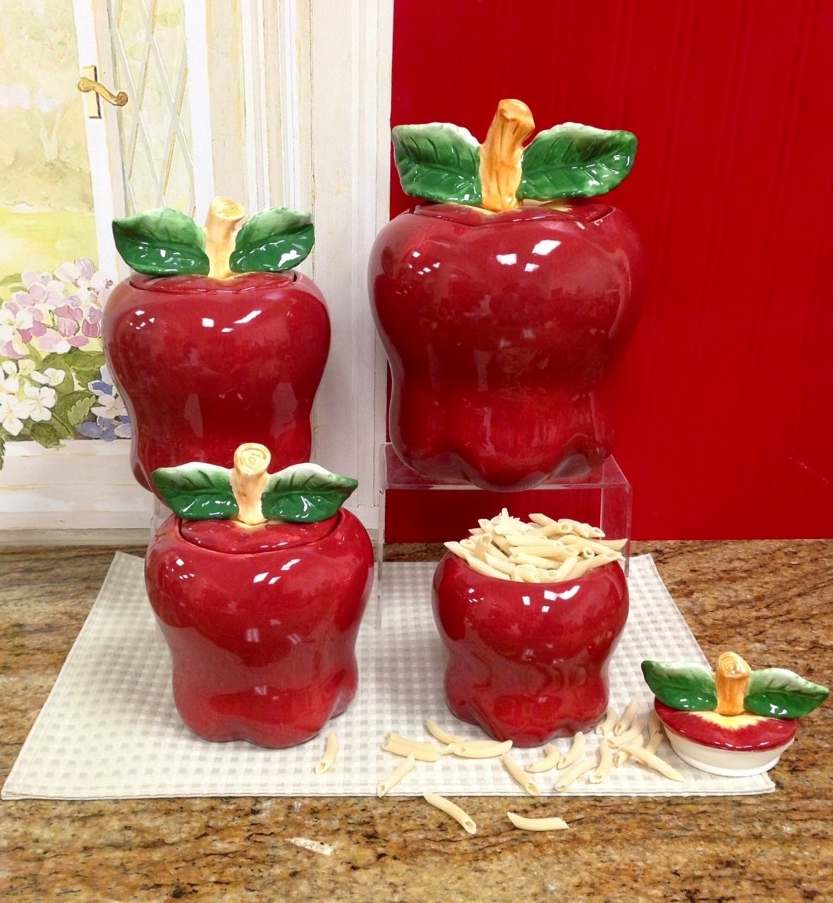 Set of 4 Apple shaped red ceramic CANISTERS country kitchen home decor NEW