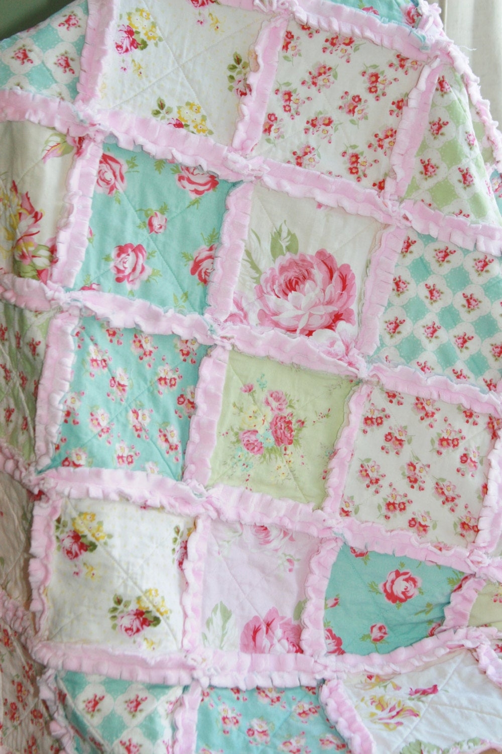 Pink Aqua Turquoise Roses Shabby Chic Baby Quilt Baby Girl Crib Bedding Blue Red Baby Blanket Floral Crib Rag Quilt