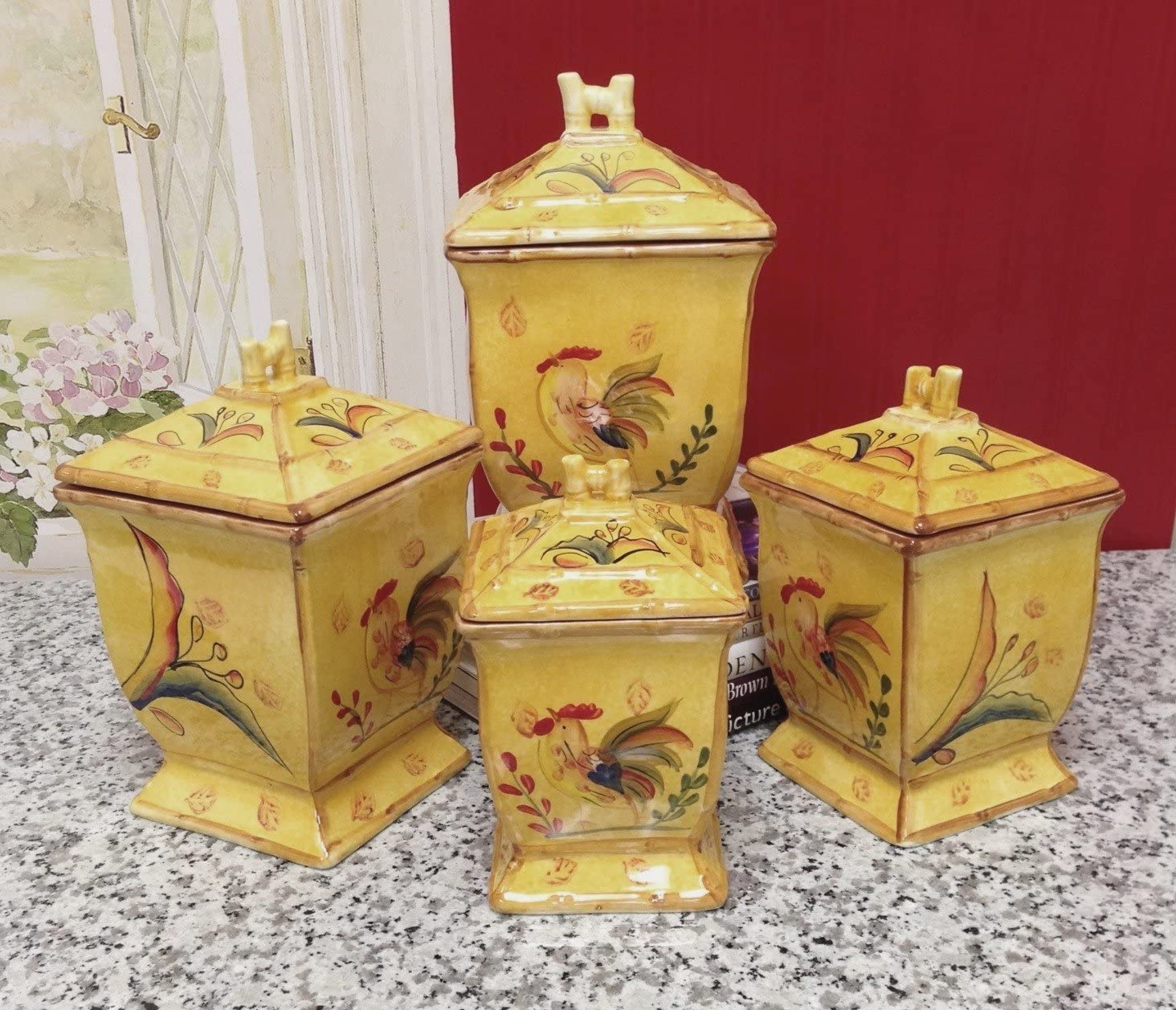 Sunshine Rooster Collection Hand Painted 4 Piece Kitchen Canister Set 