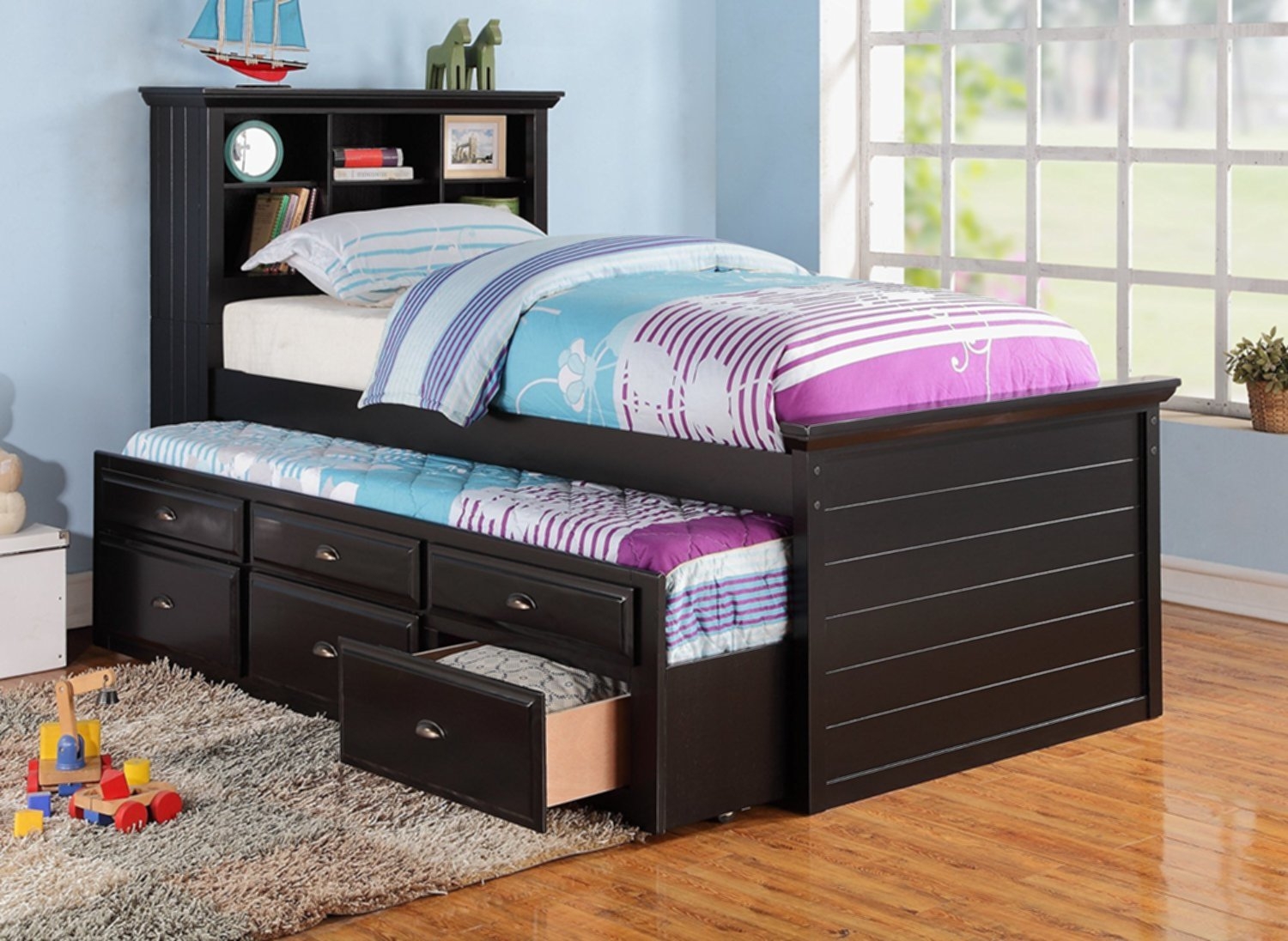 Trundle bed with bookcase shop headboard