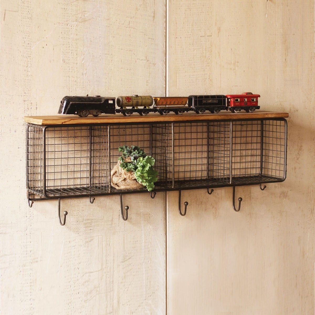Wall shelf with hooks and baskets