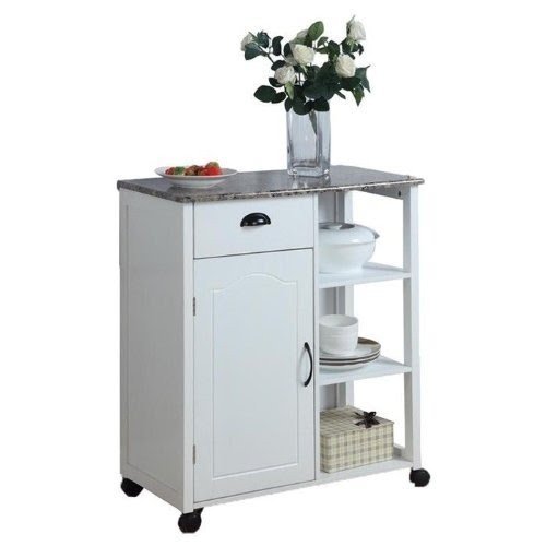White Kitchen Island Storage Cart on Wheels with Granite Look Top- Portable, Great for a Small Kitchen! Portable Storage Cabinet
