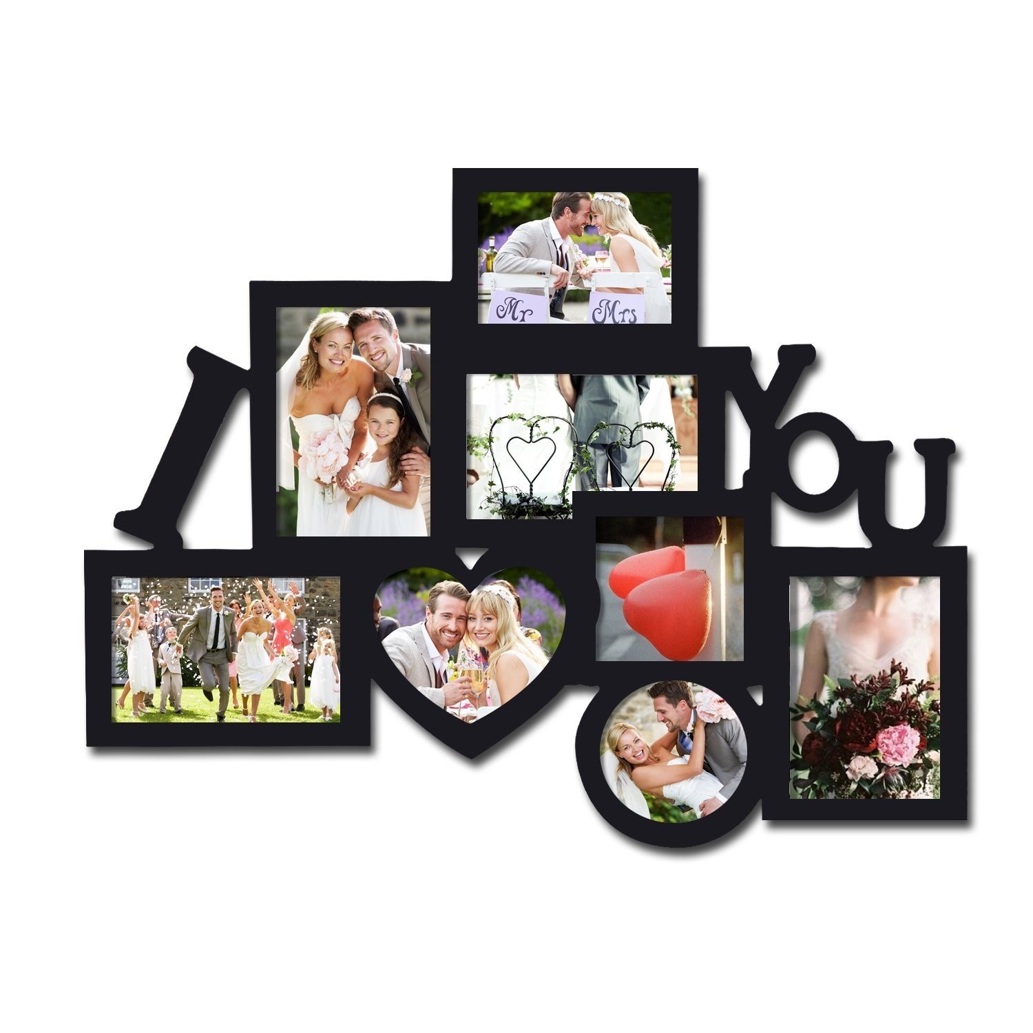 Adeco Decorative Black Wood "I Heart You" Wall Hanging Collage Picture Photo Frame, 8 Openings, Various Sizes