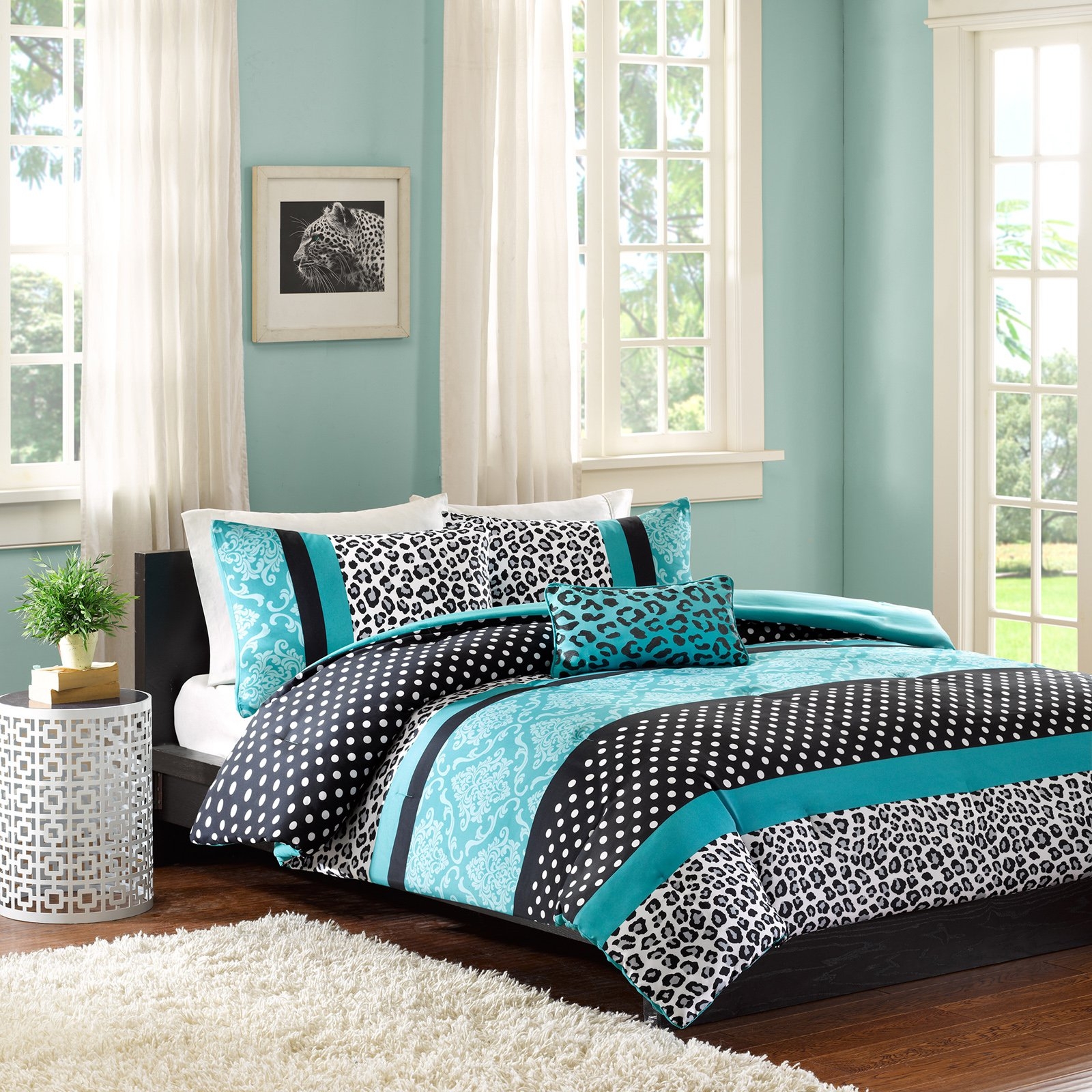 Comforter Bed Set Teen Bedding Modern Teal Black Animal Print Girls Bedspead Update Home (twin/twin Xl)