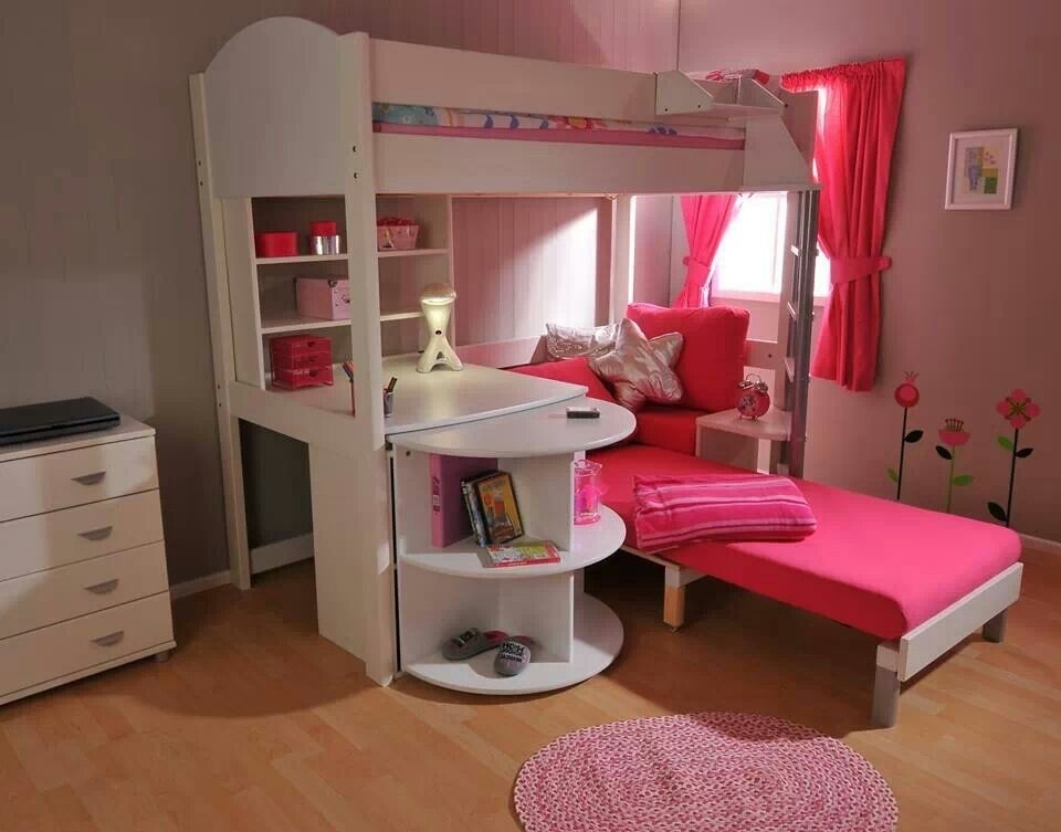 pink loft bed with desk