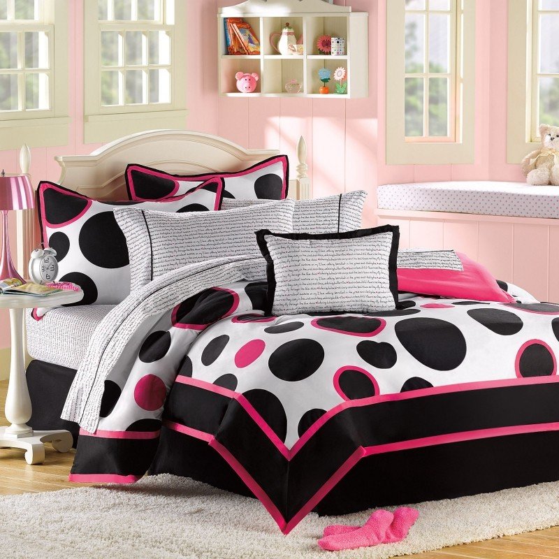 Girls Comforter Set Teen Bedding Black White Pink Twin Valances Sheets Polka Dot