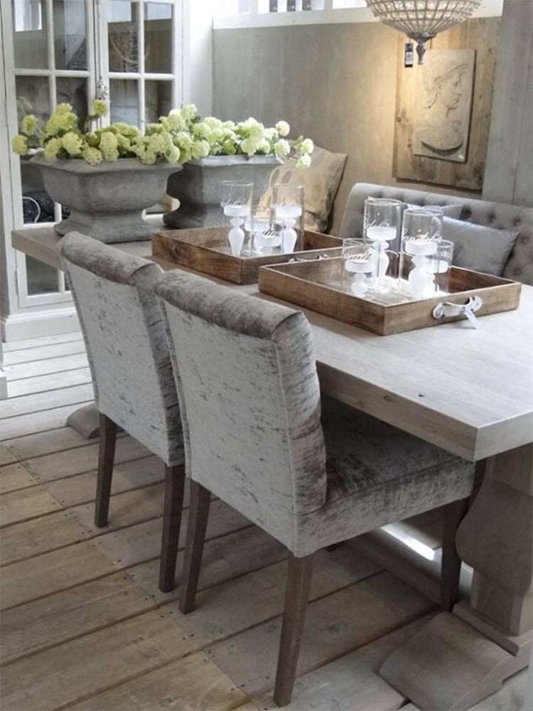 Grays and wood tones beautifully meld in a dining space