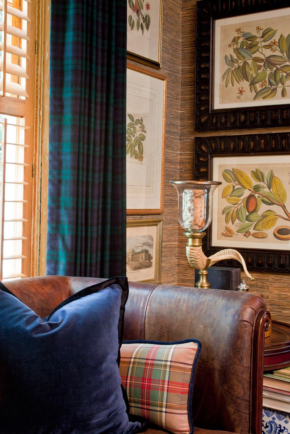 I love this look tartan old leather chesterfield botanical prints