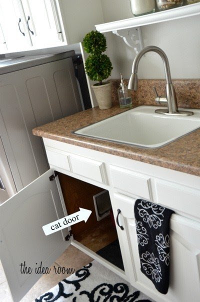 litter box in bathroom cabinet