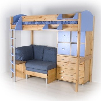 Low loft bed with dresser outlet underneath