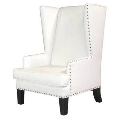 Master bedroom white leather wingback chair with nailhead accents not